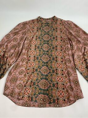 Boden Pink and Green Floral Paisley Silk Blouse Size 8 Button down NEW